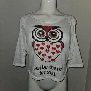NEW P.inc Owl Be There For You Shirt Cold Shoulder White Junior's Medium